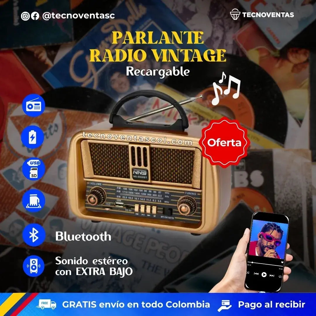 Radio Recargable Vintage Carga Celulares AM/FM/USB/ SD/ BLUETOOTH