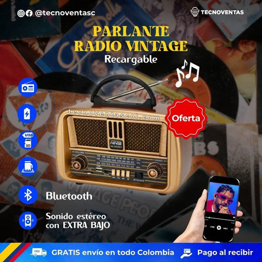 Radio Recargable Vintage Carga Celulares AM/FM/USB/ SD/ BLUETOOTH